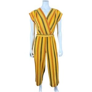 Monteau Los Angeles Womens Yellow Striped Surplice Wide Leg Cropped Jumpsuit